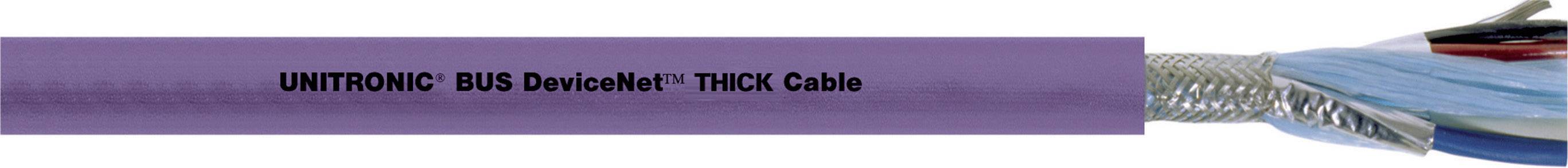 Lila Kabel mit der Aufschrift 'UNITRONIC BUS DeviceNet™ THICK Cable', teils entkleidet, zeigt litzenförmige Innenleiter.