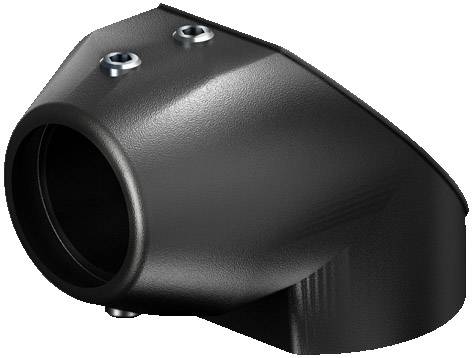 Schwarzes, gewinkeltes Kunststoffteil mit zwei Schraubenlöchern, möglicherweise ein Teil einer Maschinenverbindung oder -verbindung.