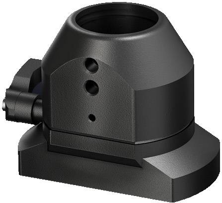 Ein schwarzer, metallischer Montagesockel mit zwei Löchern und einem Befestigungsmechanismus an der Seite.