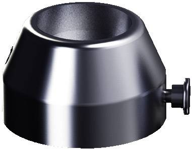 Ein silberfarbener, metallischer Halter mit runder Vertiefung und seitlichem Drehknopf, möglicherweise für industrielle Anwendungen.