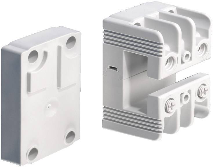 Zwei weiße, rechteckige elektrische Bauteile aus Kunststoff, eines davon geöffnet, zeigen Schraubanschlüsse und Gehäusestruktur.