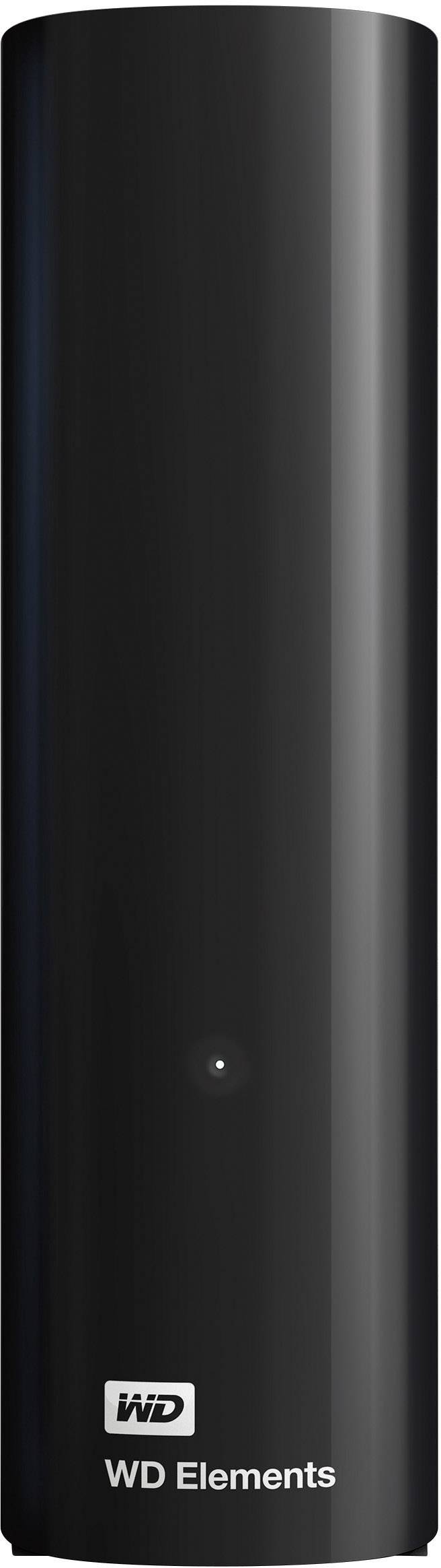 Externe Festplatte, vertikal aufgestellt, schwarz mit glänzender Oberfläche. Markenlogo 'WD Elements' unten sichtbar.