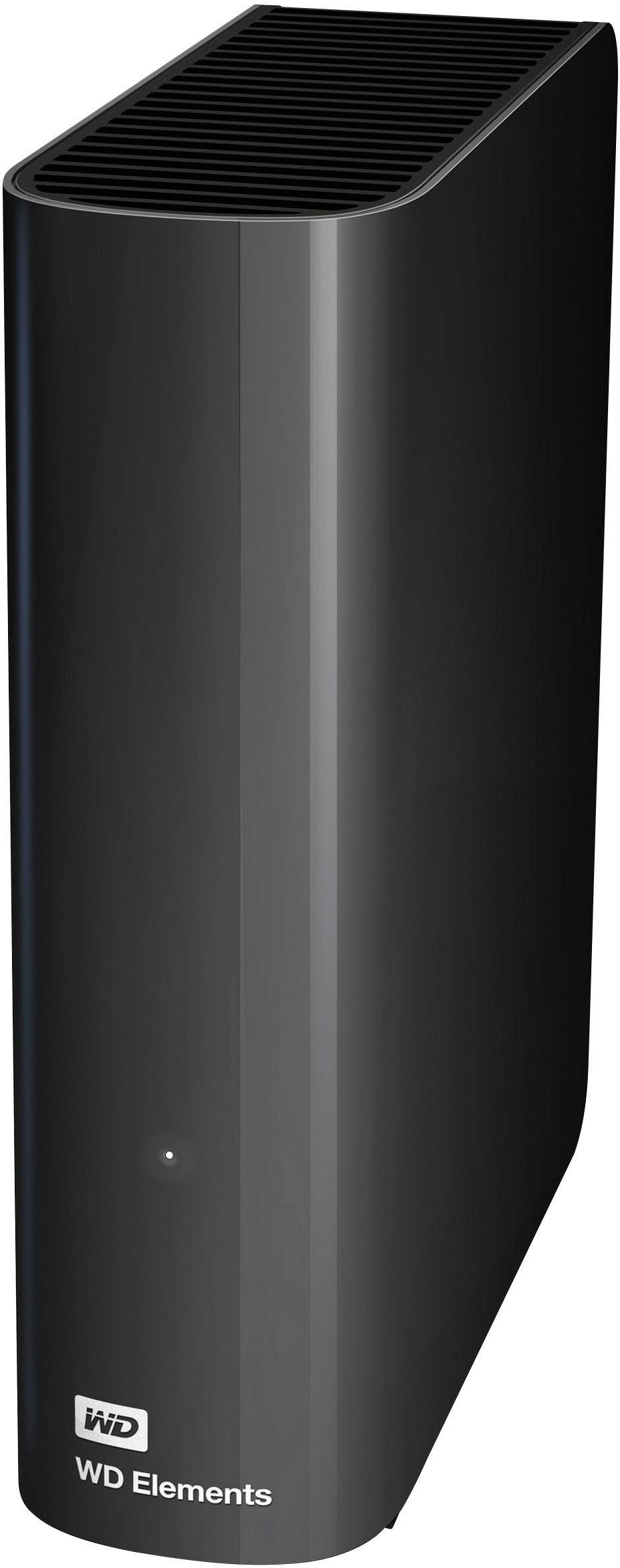 Externe Festplatte in schwarzem Gehäuse mit dem Logo 'WD Elements' vorn. Hochformatiges, schlankes Design.