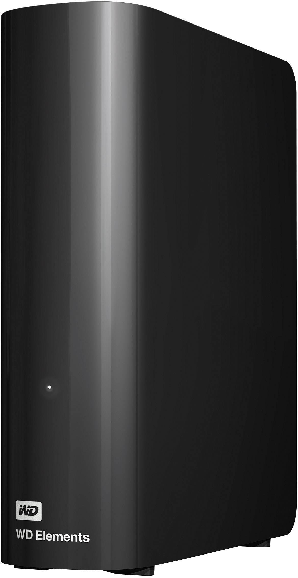 Externe Festplatte in Schwarz von WD Elements mit vertikalem Design. Eignet sich zur Speicherung großer Datenmengen.