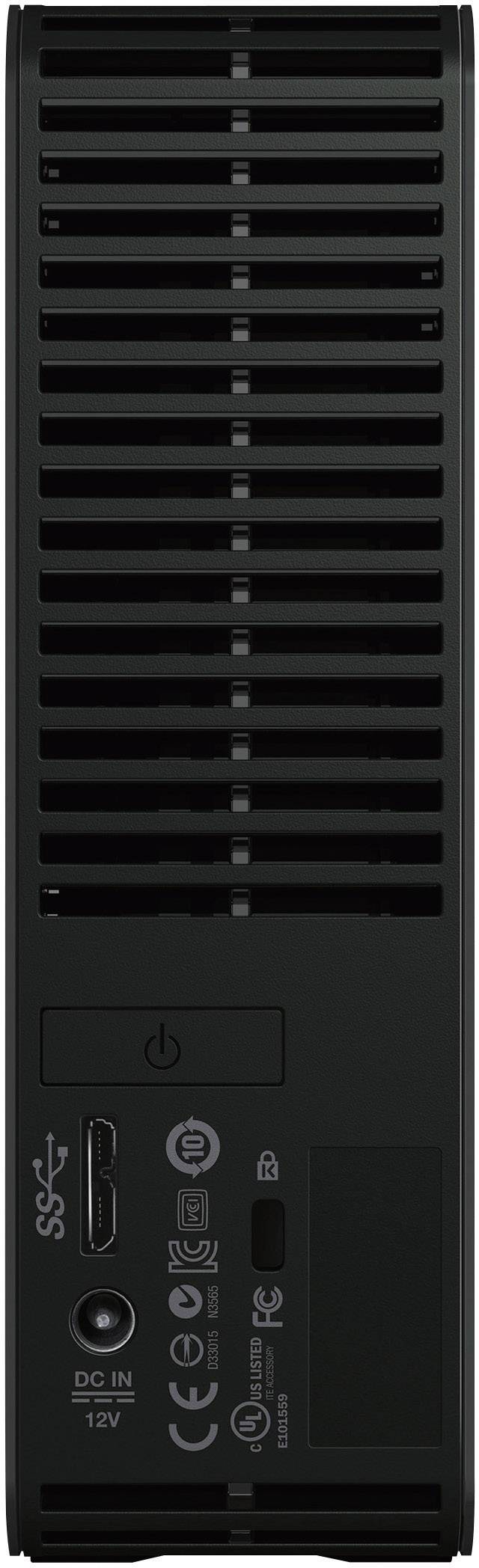Rückseite eines externen Speichermoduls mit Lüftungsschlitzen. Zeigt Anschlüsse für USB, Netzkabel und Geräteinformationen.