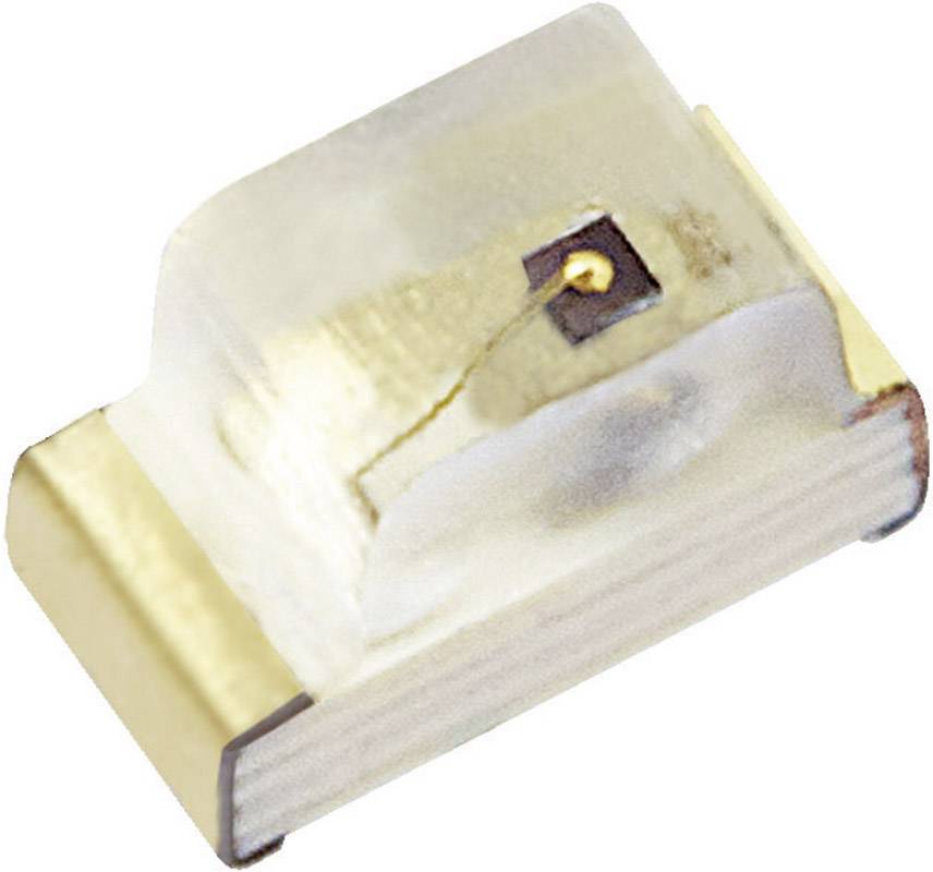 Eine weiße SMD-LED mit rechteckiger Form auf einem transparenten Gehäuse und zwei Metallanschlüssen, zur Oberflächenmontage geeignet.