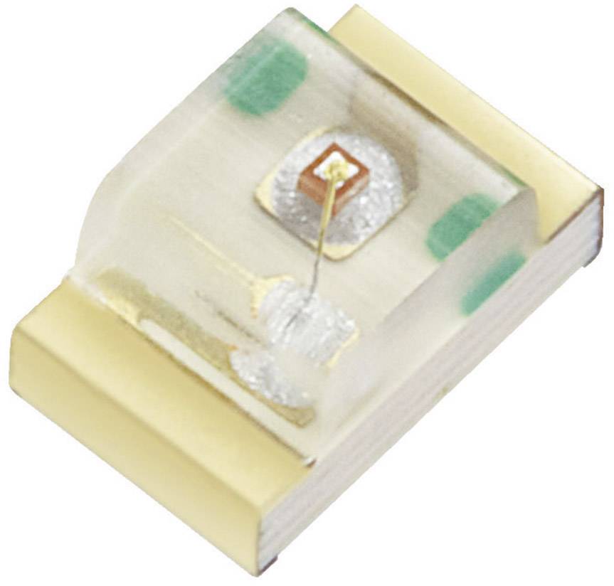 Eine kleine LED in rechteckiger Form mit transparentem Gehäuse auf einem Metallträger, häufig in elektronischen Geräten verwendet.