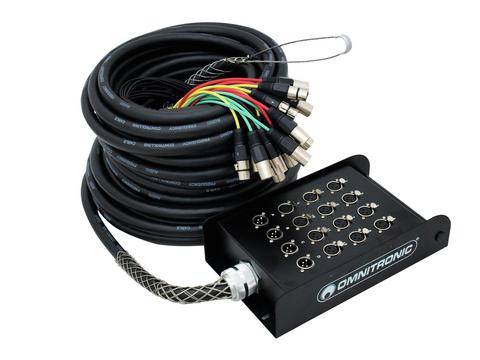 Ein schwarzes Kabel, das mit einer Metallbox verbunden ist, enthält mehrere farbige Steckverbinder. Die Box hat verschiedene Steckplätze.