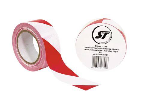 Rolle rot-weiß gestreiftes Markierungsband, 50 mm x 33 m. Text auf der Verpackung: 'Markierungsband', 'Art.: 3000508K'.