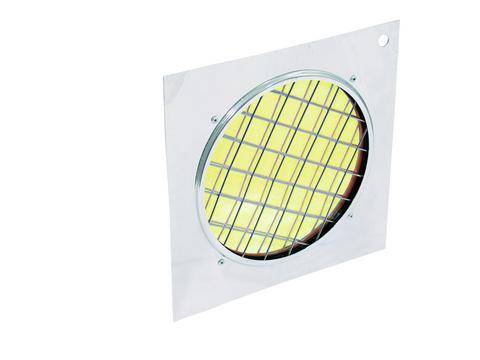 Ein quadratisches Metallgitter mit gelber runder Linse in der Mitte, montiert auf einer flachen Platte.