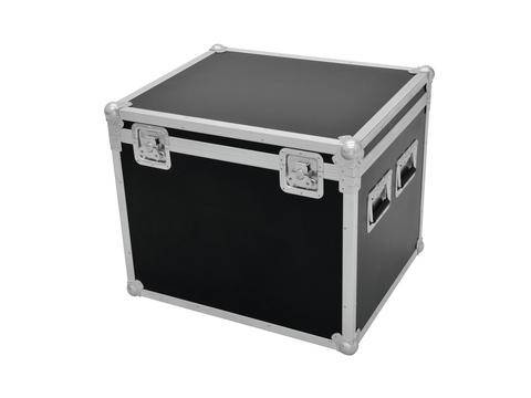 Schwarzer Transportkoffer mit silbernen Metallecken und Griffen. Rechteckiges Design, geeignet für Ausrüstung oder empfindliche Gegenstände.