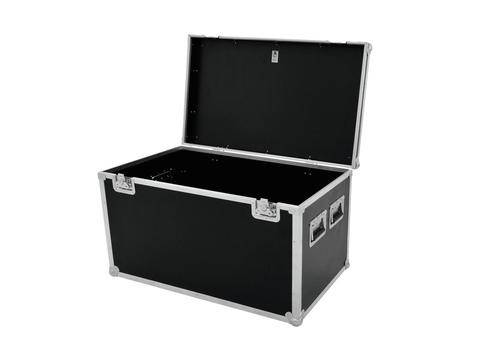 Schwarzer Transportkoffer mit offenem Deckel, silbernen Kanten und Griffen an den Seiten, geeignet für den sicheren Transport von Equipment.