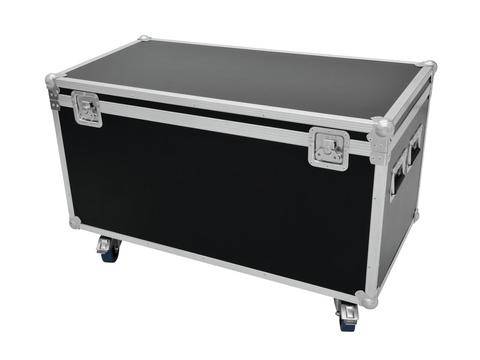 Schwarzer Transportkoffer auf Rollen, stabil gebaut mit Metallecken und Griffen.