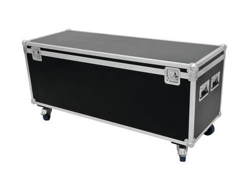 Schwarzer Flightcase mit silbernen Metallkanten und Griffen, auf Rollen, für sicheren Transport von Ausrüstung oder Geräten.