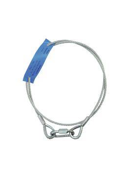 Stahlseilschlinge mit Sicherheitsverriegelung und blauem Etikett. Geeignet zur Sicherung und Hebung in Konstruktionen oder Bauprojekten.