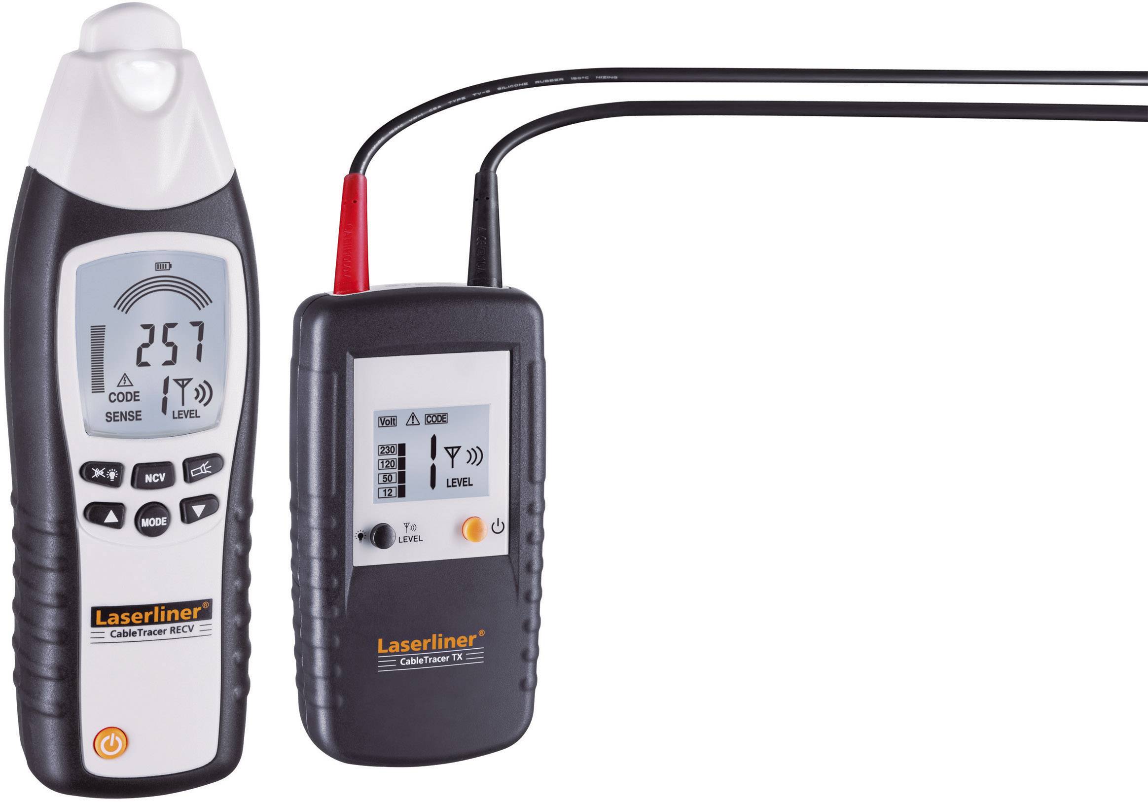 Messgerät bestehend aus zwei Einheiten zur Kabelverfolgung. Anzeige zeigt Signalstärke und Frequenzeinstellung.