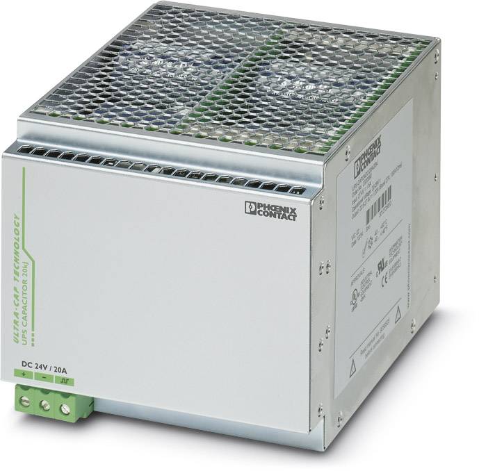 'Phoenix Contact Stromversorgung', ein silbernes, kastenförmiges Gerät mit Lüftungsgitter oben, zeigt 'DC 24V/20A' an der Vorderseite.
