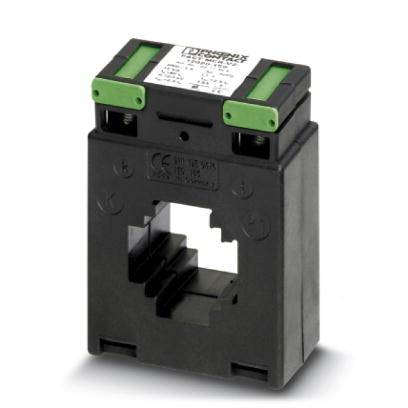 Stromwandler-Modul aus schwarzem Kunststoff mit grünen Kontakten, geeignet zur Messung von elektrischem Strom in industriellen Anwendungen.