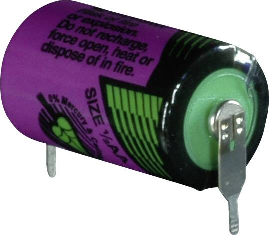 Lila AA-Batterie, teilweise sichtbar, mit Metallkontakten und Warnhinweis, nicht wiederaufladbar, nicht erhitzen oder ins Feuer werfen.