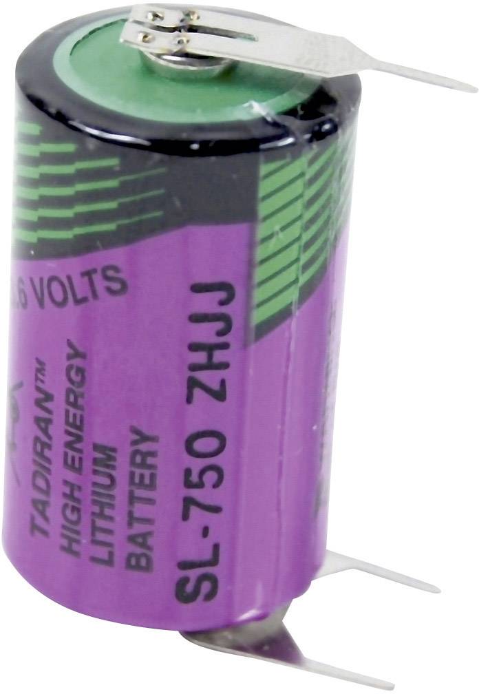 Eine lila und grüne Lithiumbatterie mit der Aufschrift 'Tadiran High Energy Lithium Battery SL-750 ZHJJ 3,6 Volts'.