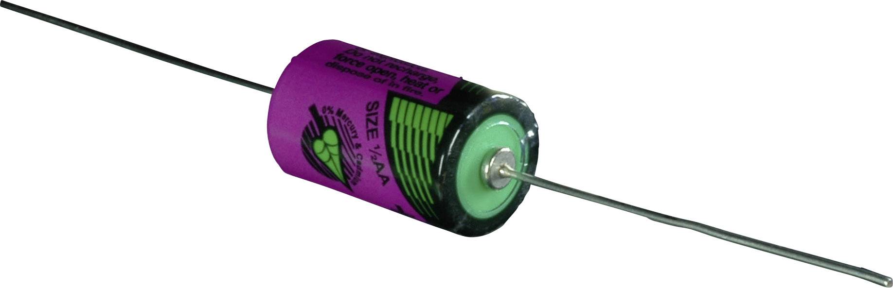 Lila-zylindrische Batterie mit Drahtanschlüssen, Aufschrift zeigt Modell und Spannung.