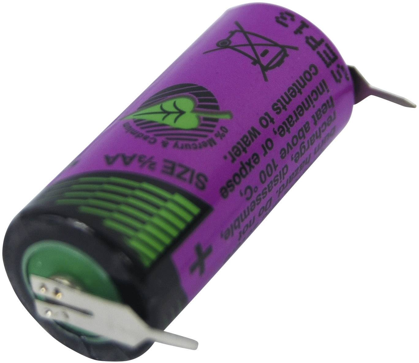 Lila zylindrische Batterie mit Umweltlogo, positivem und negativem Anschluss, und Aufschrift 'SIZE 1/4 AA'.