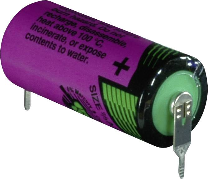 Lila zylindrische Batterie mit grüner Oberseite und Warnhinweisen: 'Nicht aufladen, zerlegen, über 100 °C erhitzen, verbrennen oder ins Wasser geben.'