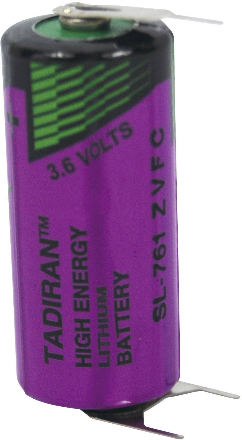'Lithium-Batterie mit violettem Gehäuse, grünen Streifen, 3,6 Volt. Markiert mit Text: 
