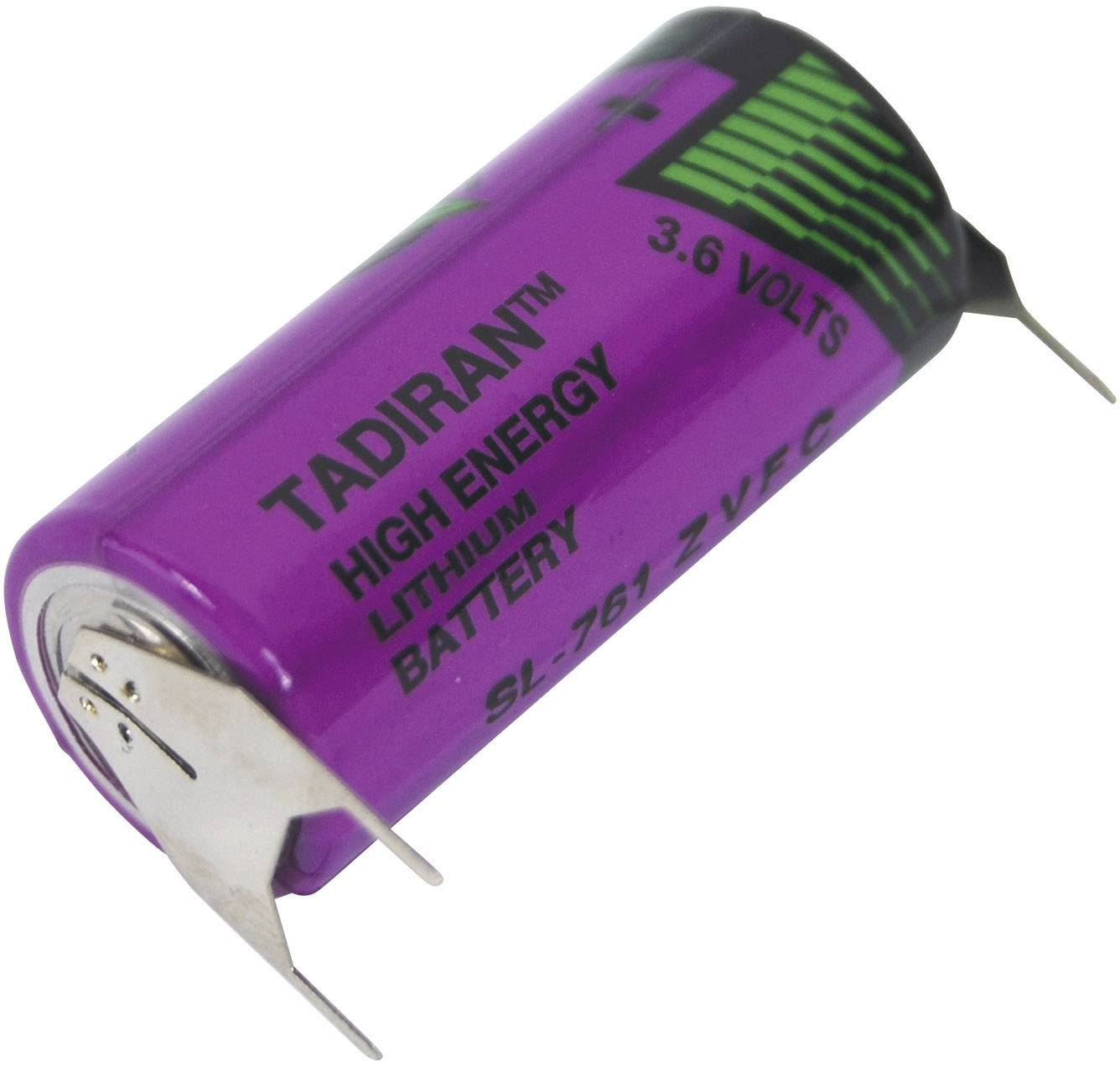 Lila Lithium-Batterie der Marke Tadiran, Hochenergie, 3,6 Volt, Modell SL 761 2/VE C, mit metallischen Kontakten an den Enden.