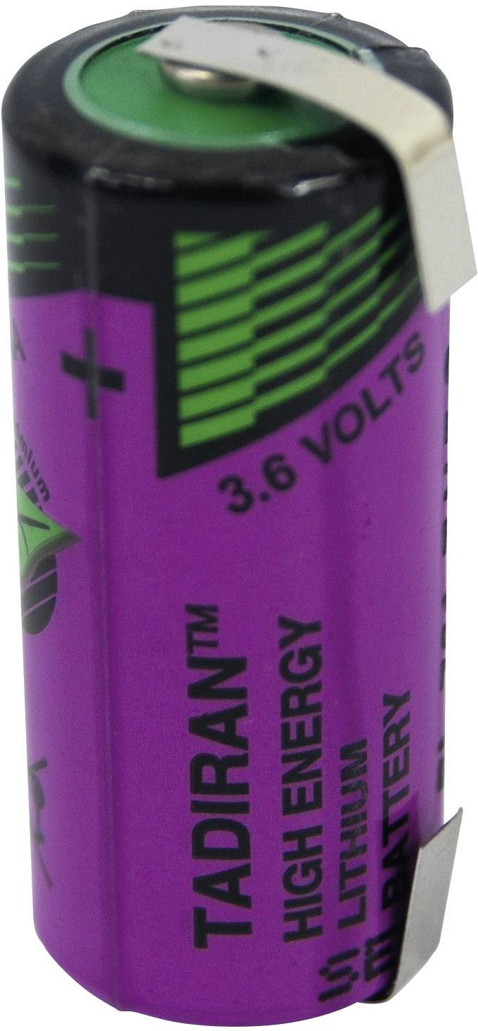 Lila Lithium-Batterie mit 3,6 Volt von der Marke 'Tadiran', zeigt Plus- und Minuspole sowie Haken für Anschlusszwecke.