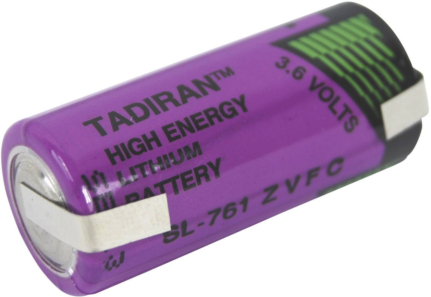 Lila Lithium-Batterie mit der Aufschrift 'Tadiran High Energy 3.6 Volts'. Zylinderförmig mit glänzenden Metallkontakten.