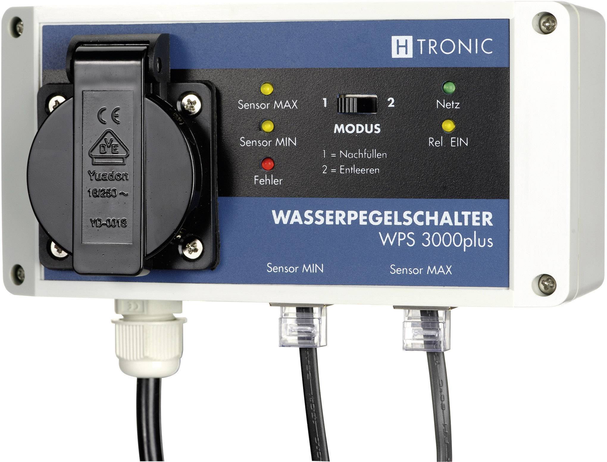 Wasserpegelregler WPS 3000plus von H-Tronic zur automatischen Steuerung von Wasserstand mit Sensor- und Modusanzeige.