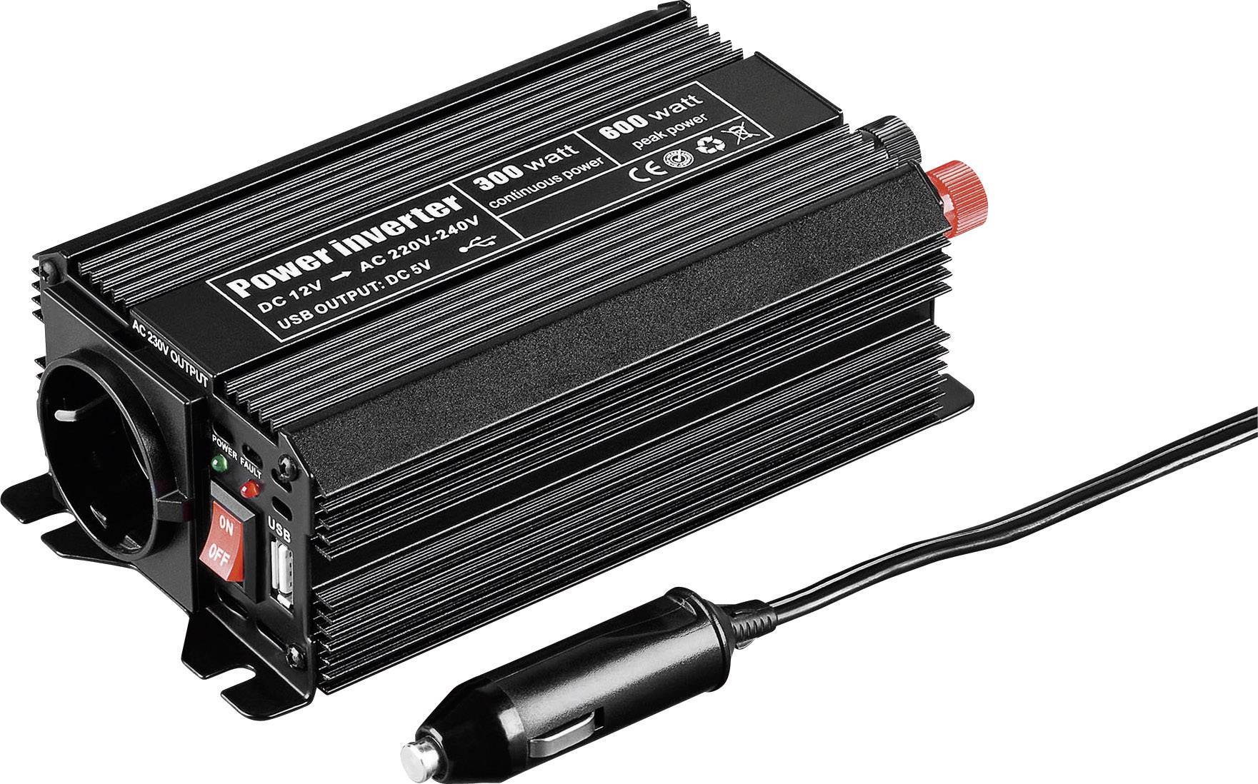 Goobay Wechselrichter SPW 300 USB 300W 12 V/DC 12 bis 13.8 V/DC Zigarettenanzünder-Stecker, DC-Klemmen Schutzkontakt-Steckdose