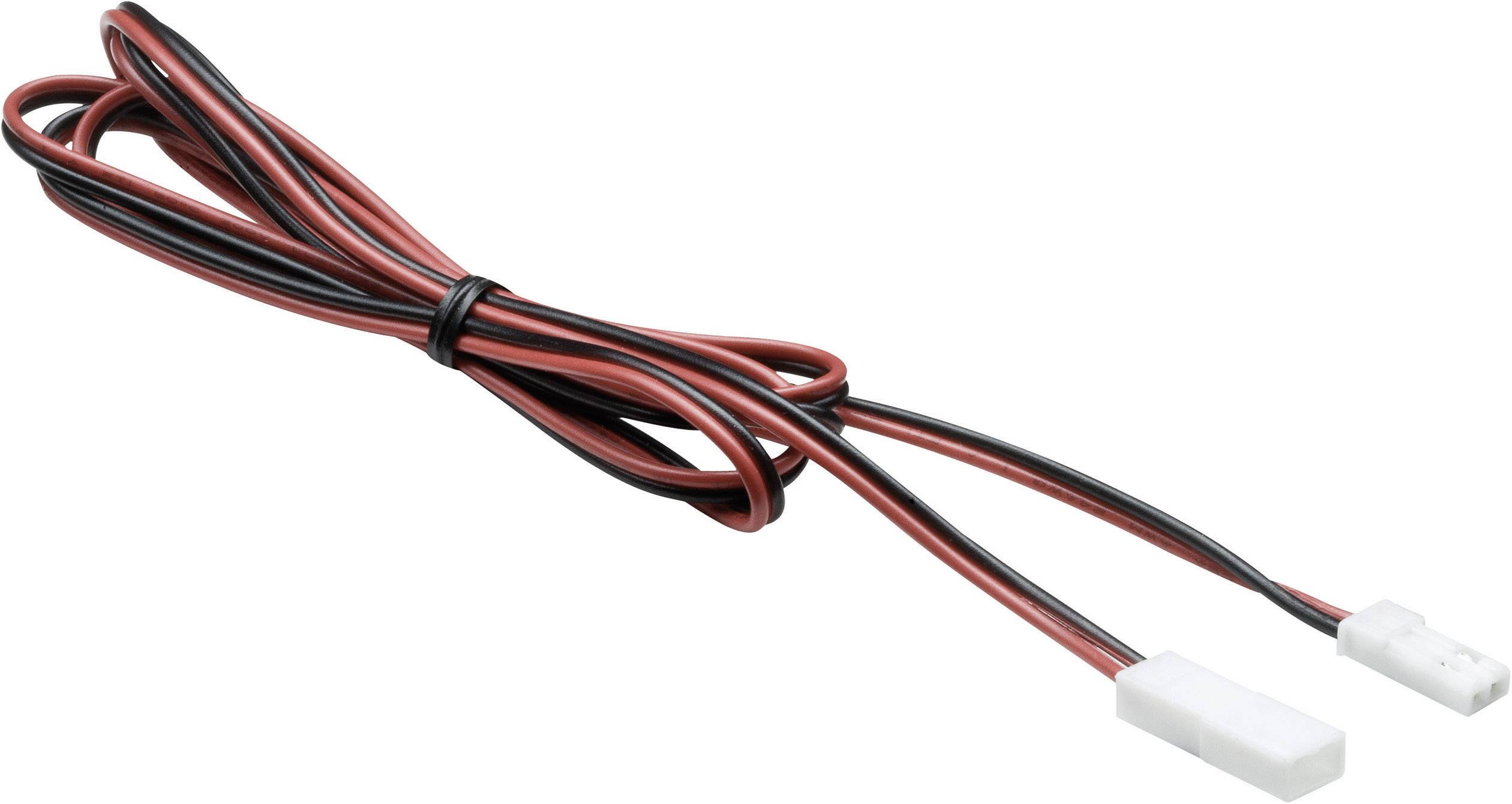 Ein rot-schwarzes Kabel mit weißen Steckverbindern an beiden Enden, das für elektrische Verbindungen verwendet wird.