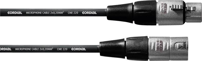 Zwei XLR-Kabel von Cordial, jeweils mit männlichem und weiblichem Anschluss, textuell bezeichnet als Mikrofonkabel mit 20 AWG.