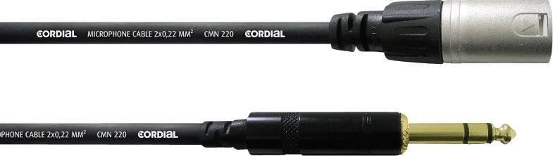 Ein Mikrofonkabel mit XLR-Stecker und ein 6,35-mm-Klinkenstecker. Kabelbeschriftung: Cordial, Mikrofonkabel 2x0,22 mm², CMN 220.