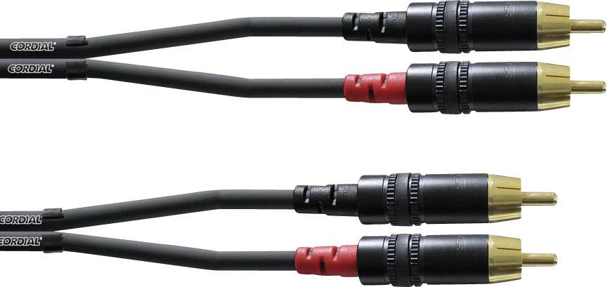 Zwei schwarze Stereo-Audiokabel mit goldenen Steckern und roten sowie schwarzen Markierungen an den Anschlüssen.