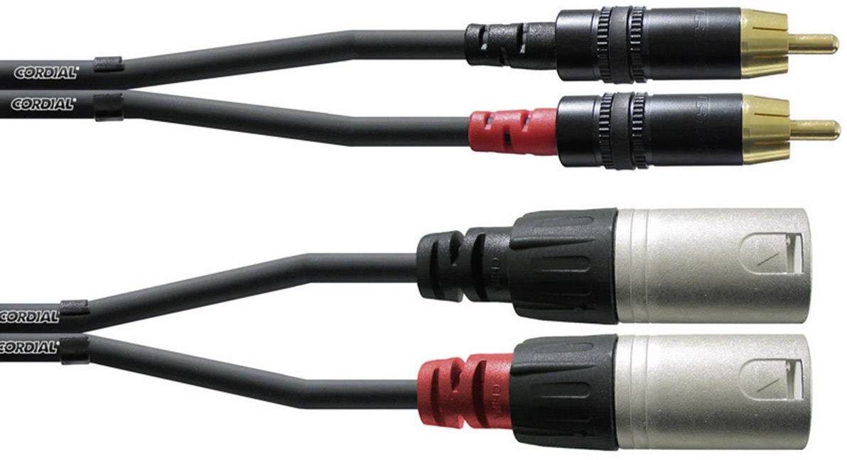 Zwei Audiokabel: oben Cinch-Verbindungen, unten XLR-Verbindungen, schwarz mit roten Markierungen für Unterscheidung der Kanäle.
