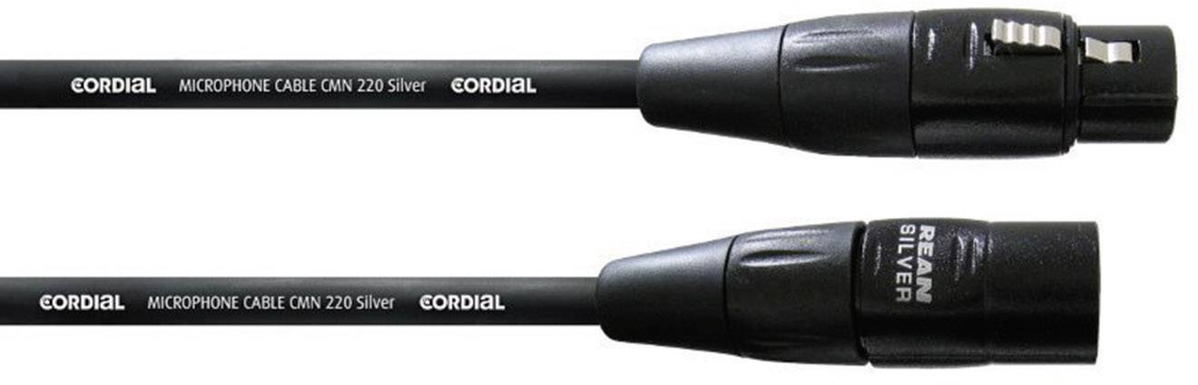 Zwei schwarze XLR-Mikrofonkabel mit der Beschriftung 'Cordial', geeignet für Audioverbindungen, liegen nebeneinander.