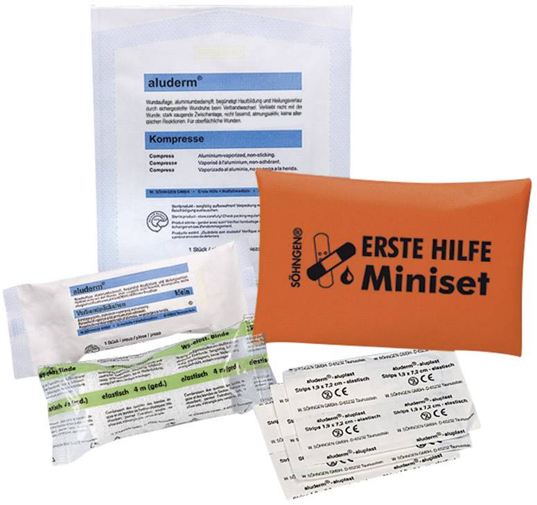 Erstes-Hilfe-Set mit orangefarbener Tasche, Kompressen, Mullbinden und Pflastern.