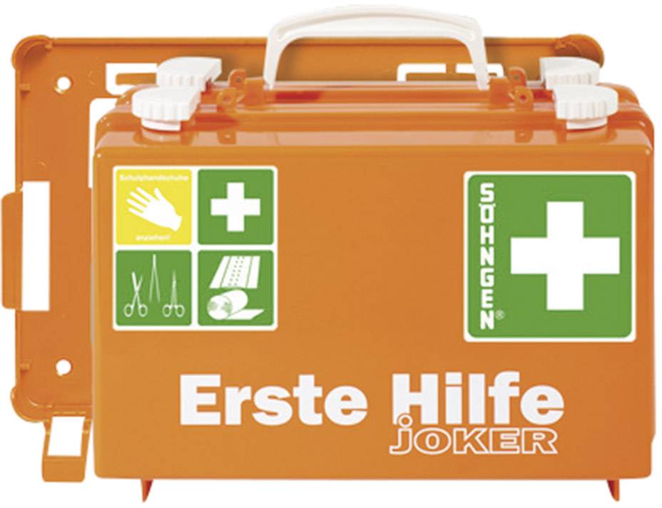 Ein orangefarbener Erste-Hilfe-Kasten mit der Aufschrift 'Erste Hilfe JOKER' und weißen Symbolen für medizinische Versorgung.