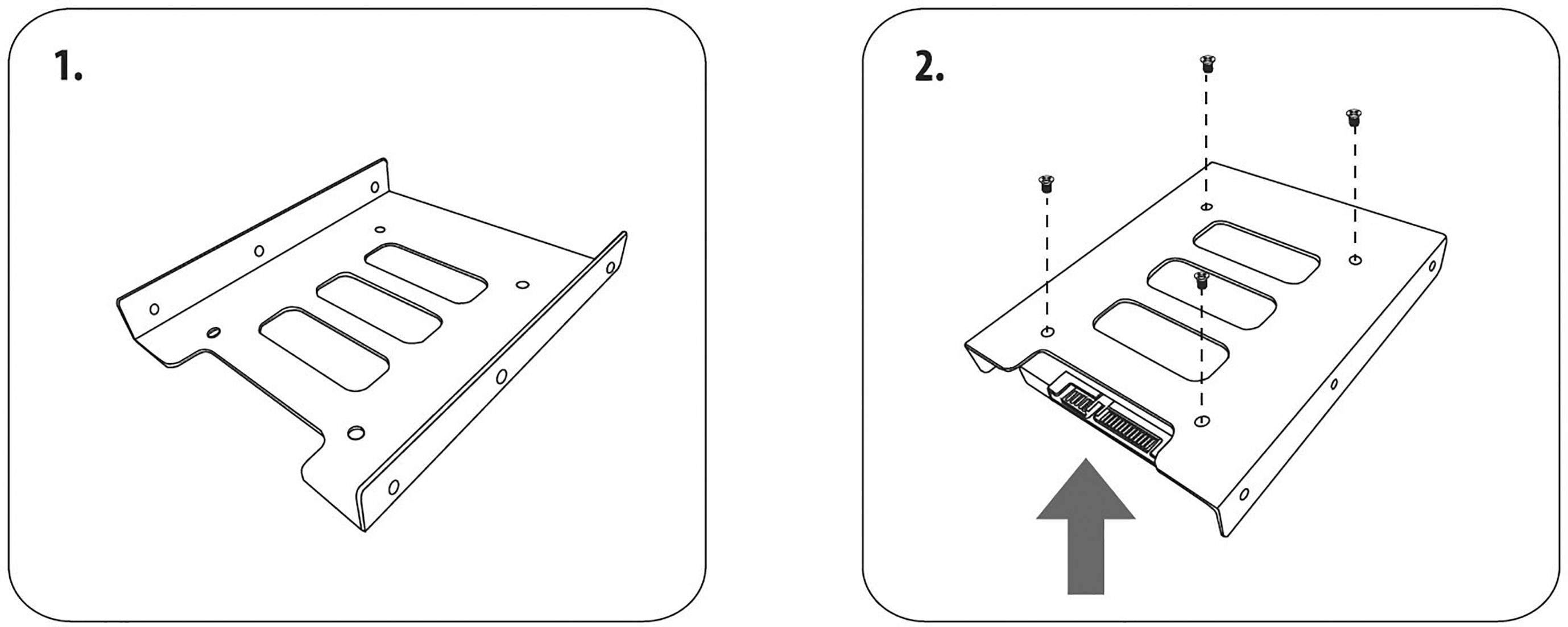 Bild 1: Halterung mit Schraubenlöchern. Bild 2: Einsatz der Halterung mit Schrauben durch vorgegebene Löcher festziehen.