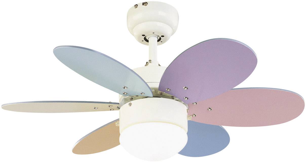 Bunter Deckenventilator mit sechs unterschiedlich farbigen Flügeln: blau, rosa, lila, grün, beige, gelb.