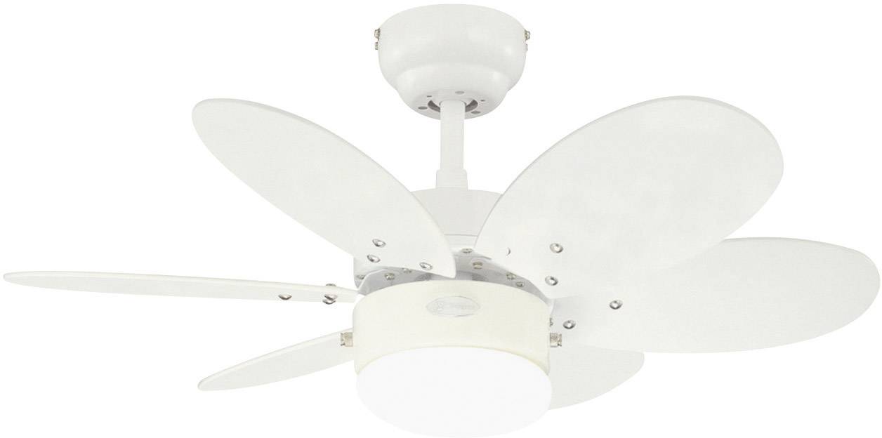 Ein weißer Deckenventilator mit fünf Flügeln und integriertem Licht für die Raumbeleuchtung.