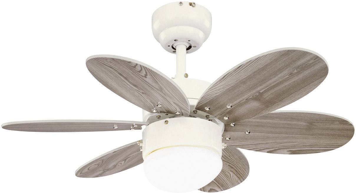 Deckenventilator mit sechs holzartigen Blättern und zentralem Licht in modernem Design.