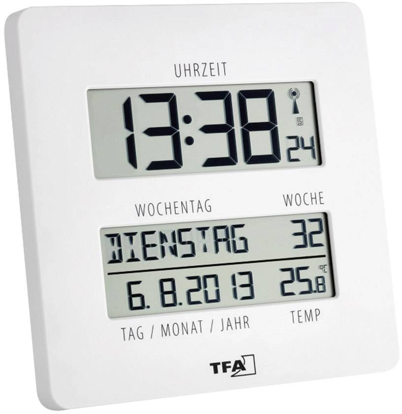 Elektronische Wanduhr zeigt '13:38', 'Dienstag', '6.8.2013', 'Temperatur 25,8°C'. Kalenderwochenanzeige '32'.