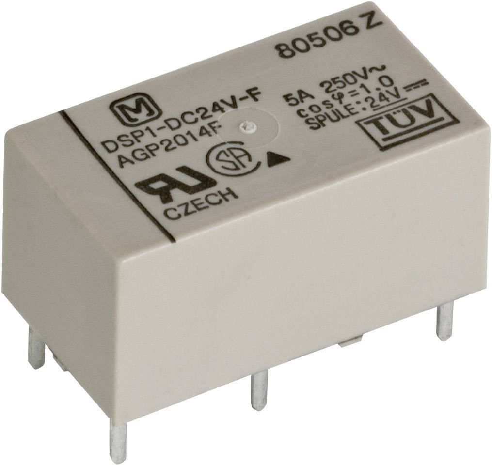 Rechteckiges Relais mit M-TÜV-Logo, 80506Z, 5A 250V, 24V Spule, Herstellerzeichen, rechteckige Metallpins unten.