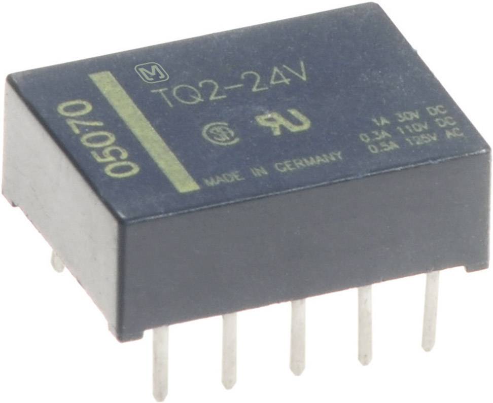 Ein schwarzes elektronisches Relais mit der Aufschrift 'TQ2-24V' und Spezifikationen wie '1A 30V DC'. Hergestellt in Deutschland.