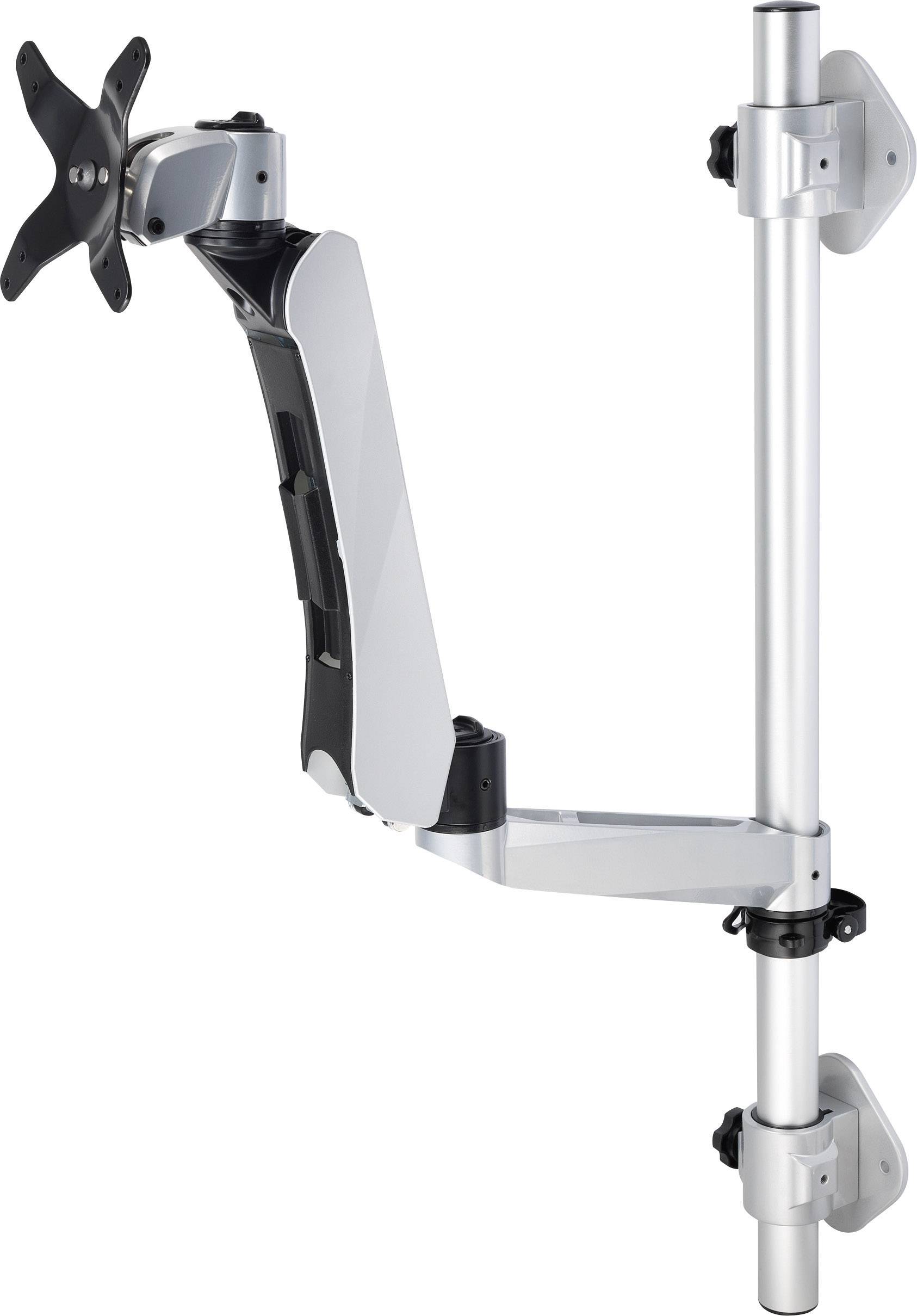 Bild eines verstellbaren Monitorarms aus Metall. Er ist an einer vertikalen Stange befestigt, um einen Bildschirm flexibel zu positionieren.