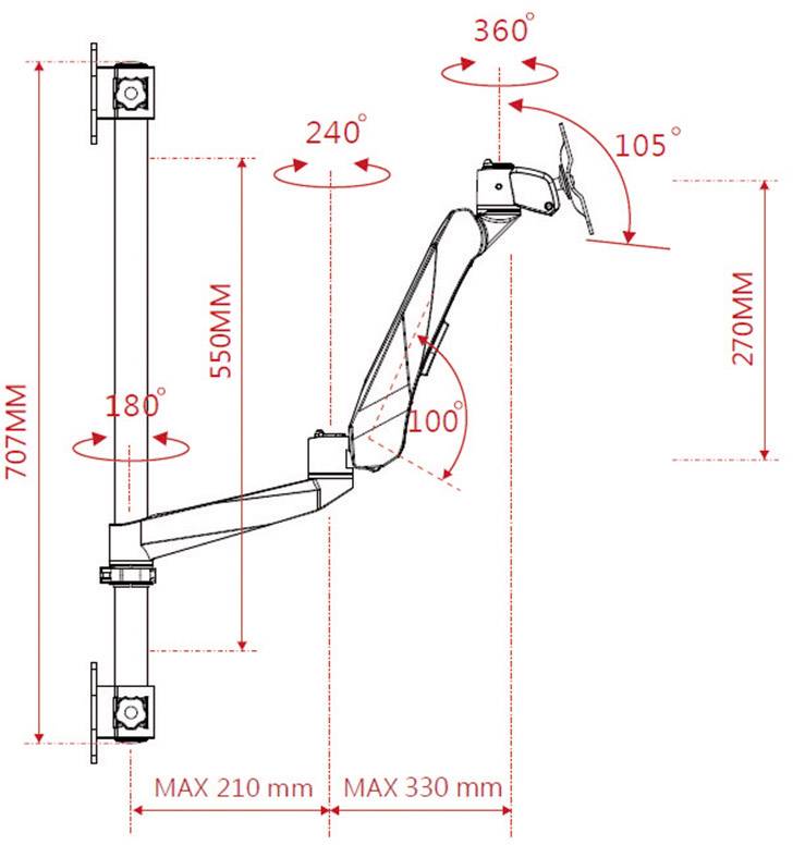 Montageanleitung für einen Monitorhalter: zeigt Abmessungen und maximale Schwenk- und Neigungswinkel. Maximale Höhe 707mm.